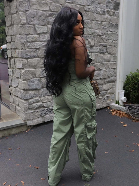 Autumn Fashion Strapless Button Front Ruched Cargo Jumpsuit CODE: KAR2843