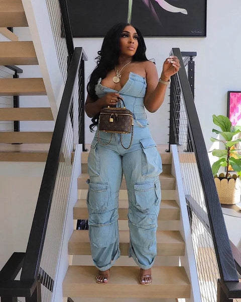 Autumn Fashion Strapless Button Front Ruched Cargo Jumpsuit CODE: KAR2843