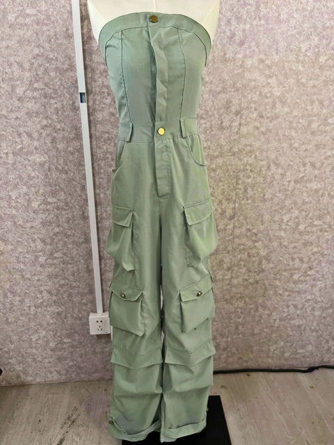 Autumn Fashion Strapless Button Front Ruched Cargo Jumpsuit CODE: KAR2843