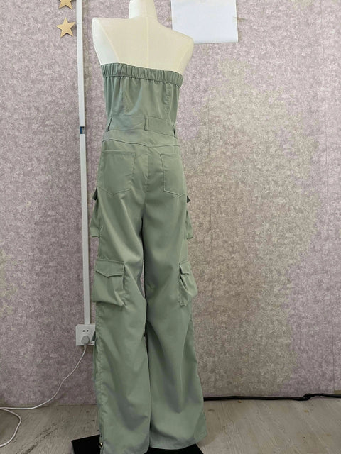 Autumn Fashion Strapless Button Front Ruched Cargo Jumpsuit CODE: KAR2843