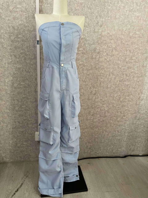 Autumn Fashion Strapless Button Front Ruched Cargo Jumpsuit CODE: KAR2843