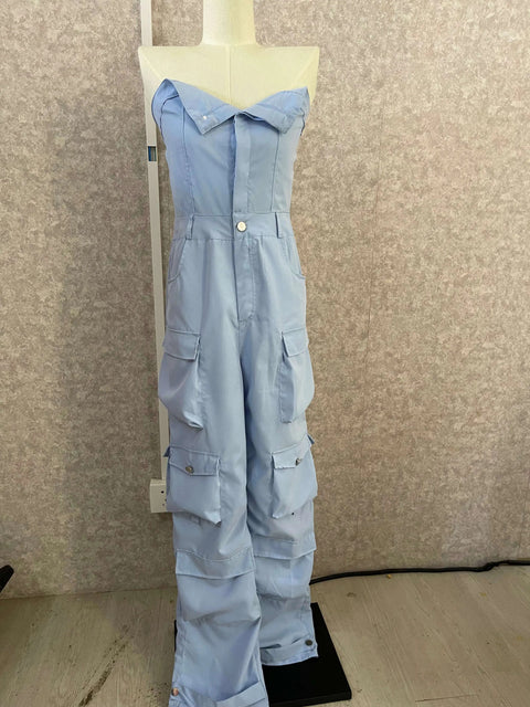 Autumn Fashion Strapless Button Front Ruched Cargo Jumpsuit CODE: KAR2843