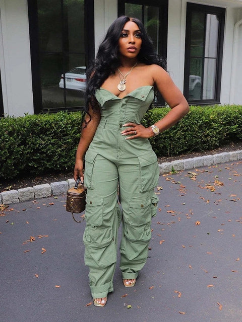 Autumn Fashion Strapless Button Front Ruched Cargo Jumpsuit CODE: KAR2843