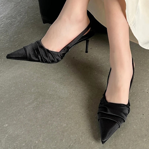 Luxury Fashion Pleated Mules Slides Shallow Thin High Heel CODE: KAR2847