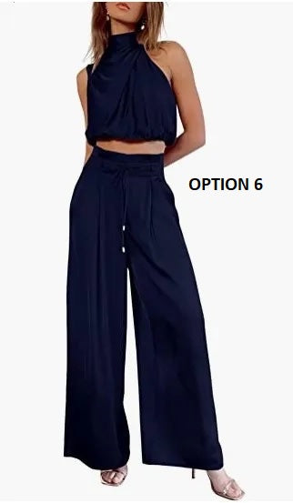 Summer Fashion Casual Sleeveless Crop Top and Wide Leg Pant 2 Piece Set CODE: KAR2850