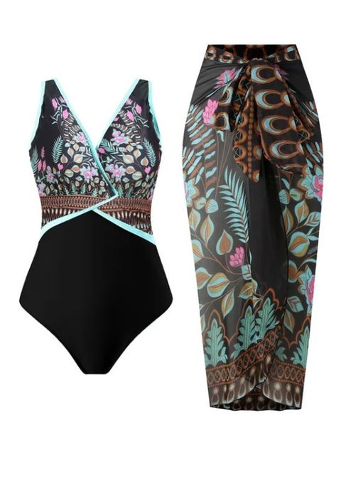 Summer Printed One Piece Swimsuit With Beach Skirt Swimwear CODE: KAR2851