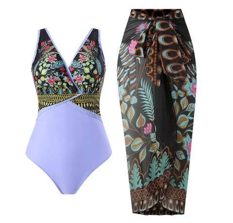 Summer Printed One Piece Swimsuit With Beach Skirt Swimwear CODE: KAR2851