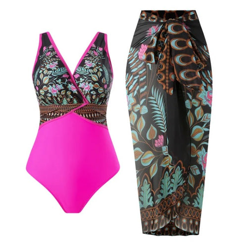 Summer Printed One Piece Swimsuit With Beach Skirt Swimwear CODE: KAR2851