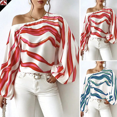 Autumn Fashion Sexy Off Shoulder Striped Print Lantern Sleeve Loose Casual Top CODE: KAR2852