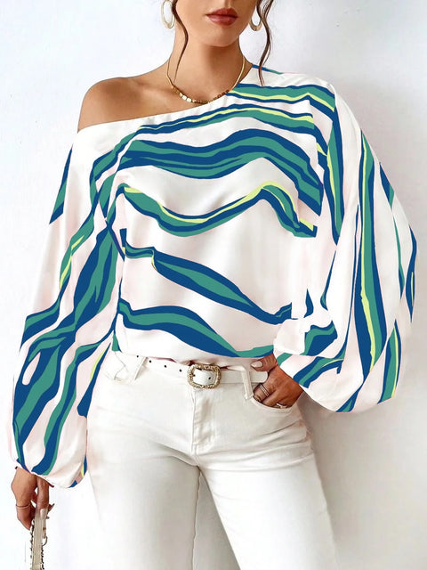 Autumn Fashion Sexy Off Shoulder Striped Print Lantern Sleeve Loose Casual Top CODE: KAR2852