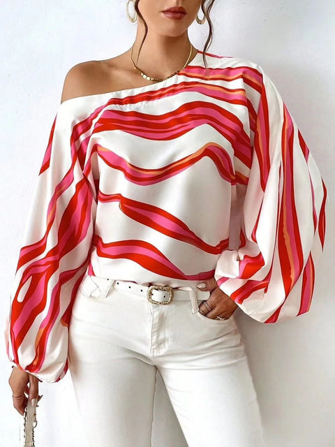 Autumn Fashion Sexy Off Shoulder Striped Print Lantern Sleeve Loose Casual Top CODE: KAR2852