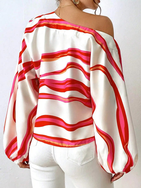Autumn Fashion Sexy Off Shoulder Striped Print Lantern Sleeve Loose Casual Top CODE: KAR2852