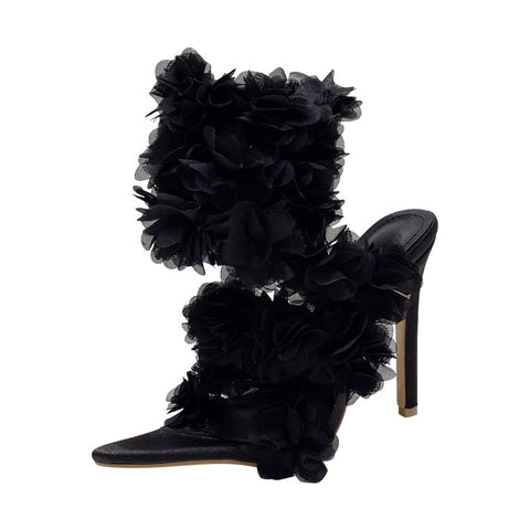 Sexy Summer Black Pointed Peep Flower Silk High Heel CODE: KAR2862