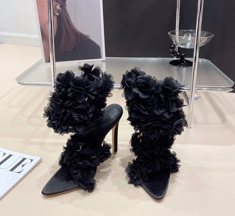 Sexy Summer Black Pointed Peep Flower Silk High Heel CODE: KAR2862