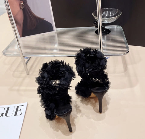Sexy Summer Black Pointed Peep Flower Silk High Heel CODE: KAR2862