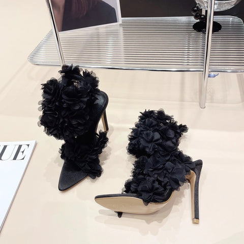 Sexy Summer Black Pointed Peep Flower Silk High Heel CODE: KAR2862