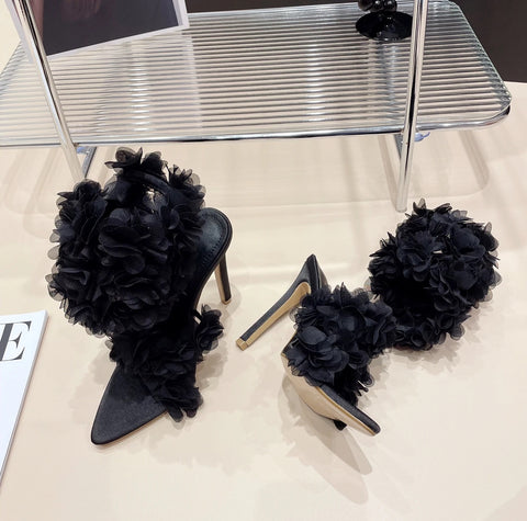 Sexy Summer Black Pointed Peep Flower Silk High Heel CODE: KAR2862