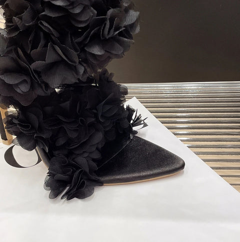 Sexy Summer Black Pointed Peep Flower Silk High Heel CODE: KAR2862