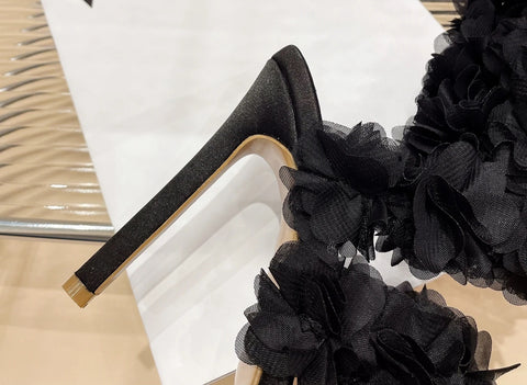 Sexy Summer Black Pointed Peep Flower Silk High Heel CODE: KAR2862