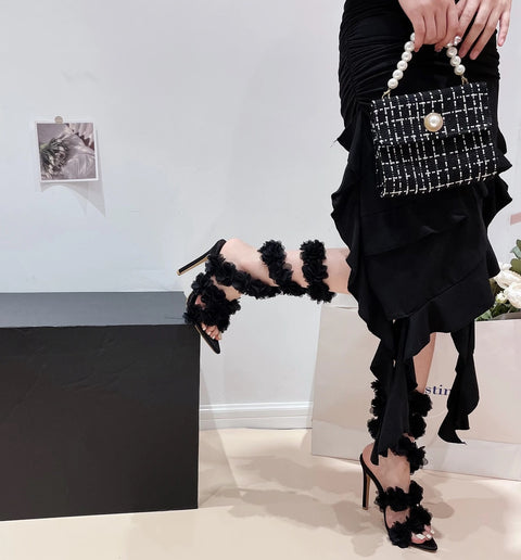 Sexy Summer Black Pointed Peep Flower Silk High Heel CODE: KAR2862