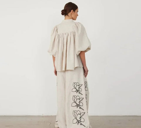 Elegant Bubble Sleeve Lapel Shirt Drawstring Wide Trouser CODE: KAR2867