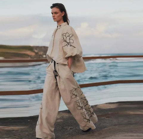 Elegant Bubble Sleeve Lapel Shirt Drawstring Wide Trouser CODE: KAR2867