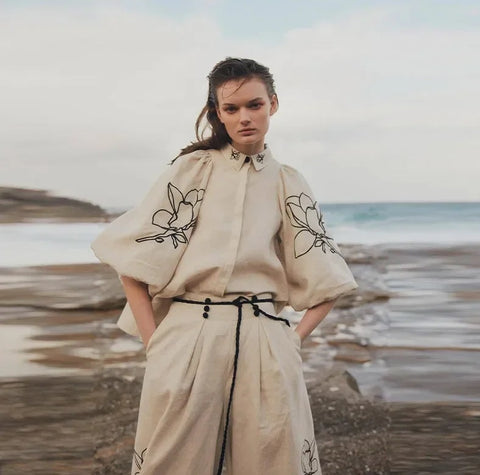 Elegant Bubble Sleeve Lapel Shirt Drawstring Wide Trouser CODE: KAR2867