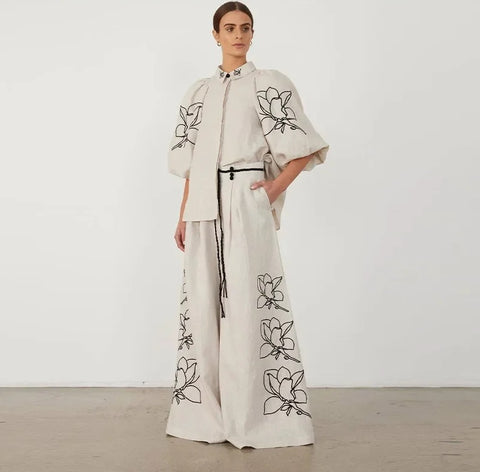 Elegant Bubble Sleeve Lapel Shirt Drawstring Wide Trouser CODE: KAR2867
