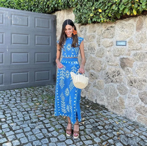 Linen Printed Spring T-shirt Skirt Two Piece Suit CODE: KAR2868