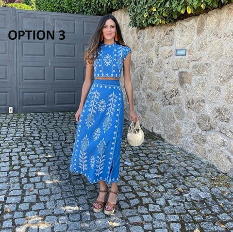 Linen Printed Spring T-shirt Skirt Two Piece Suit CODE: KAR2868