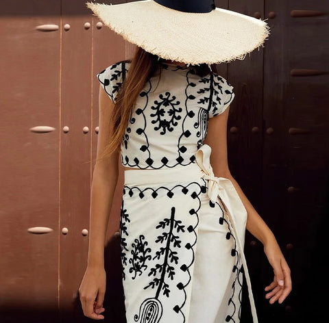 Linen Printed Spring T-shirt Skirt Two Piece Suit CODE: KAR2868