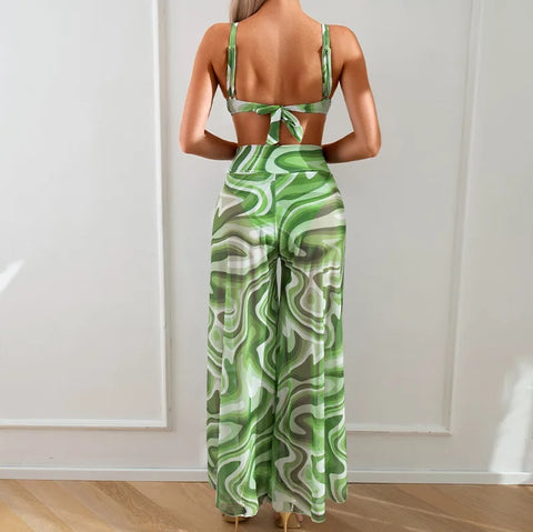 summer Sexy High Waist Beach Pant Bikini Stripe Print 3 Piece Swimsuit CODE: KAR2871