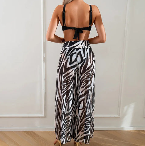 summer Sexy High Waist Beach Pant Bikini Stripe Print 3 Piece Swimsuit CODE: KAR2871