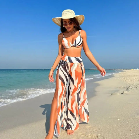 summer Sexy High Waist Beach Pant Bikini Stripe Print 3 Piece Swimsuit CODE: KAR2871