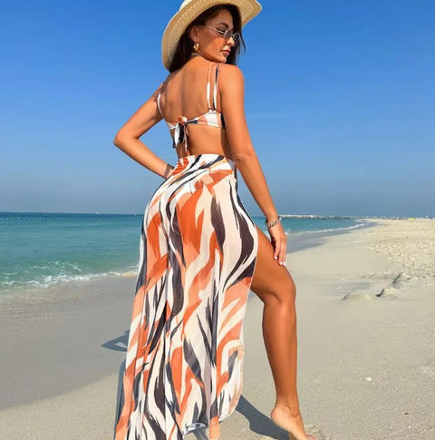 summer Sexy High Waist Beach Pant Bikini Stripe Print 3 Piece Swimsuit CODE: KAR2871