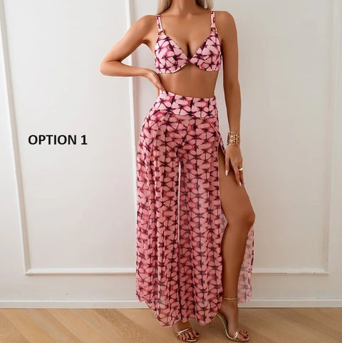 summer Sexy High Waist Beach Pant Bikini Stripe Print 3 Piece Swimsuit CODE: KAR2871