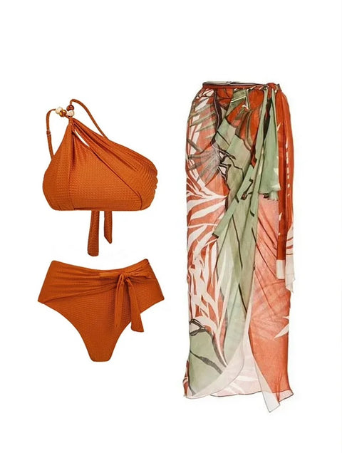 New Caramel Single Shoulder Set Stones Beaded Belt Swimsuit  CODE: KAR2873