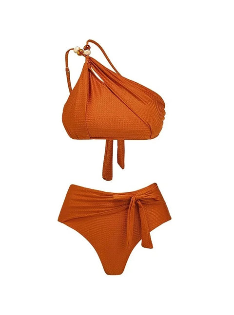 New Caramel Single Shoulder Set Stones Beaded Belt Swimsuit  CODE: KAR2873