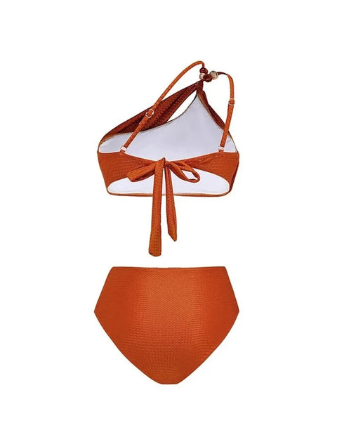 New Caramel Single Shoulder Set Stones Beaded Belt Swimsuit  CODE: KAR2873