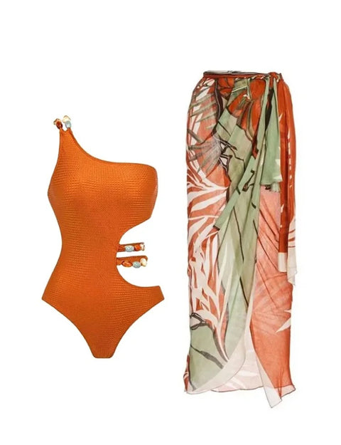 New Caramel Single Shoulder Set Stones Beaded Belt Swimsuit  CODE: KAR2873