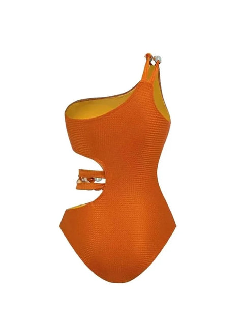 New Caramel Single Shoulder Set Stones Beaded Belt Swimsuit  CODE: KAR2873
