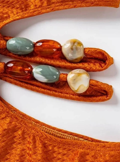 New Caramel Single Shoulder Set Stones Beaded Belt Swimsuit  CODE: KAR2873