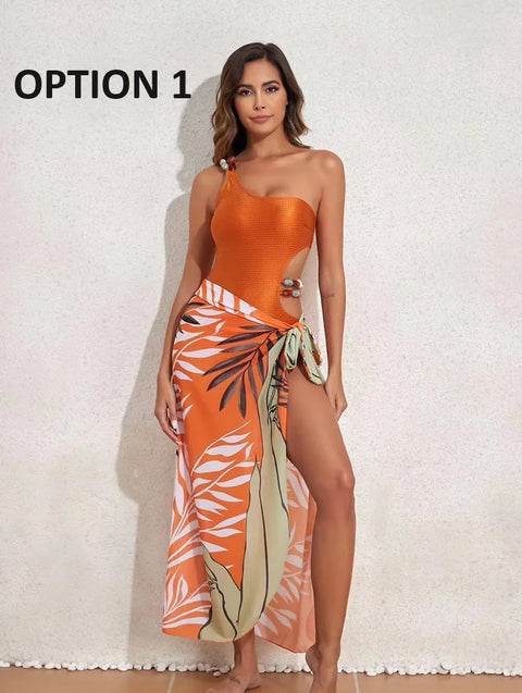 New Caramel Single Shoulder Set Stones Beaded Belt Swimsuit  CODE: KAR2873