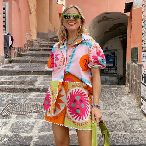 New Loose Short Sleeve Turndown Collar Shirt High Waist Spring Summer Set CODE: KAR2876