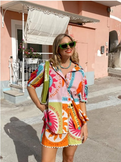 New Loose Short Sleeve Turndown Collar Shirt High Waist Spring Summer Set CODE: KAR2876