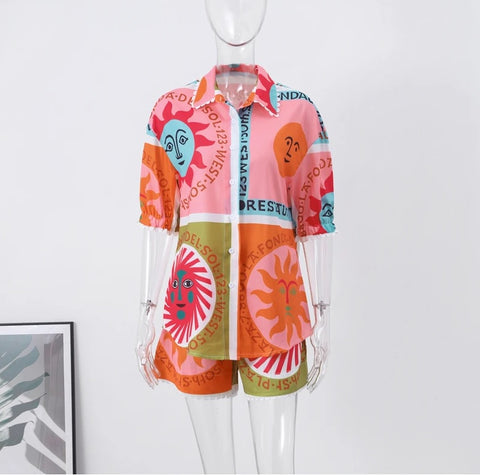 New Loose Short Sleeve Turndown Collar Shirt High Waist Spring Summer Set CODE: KAR2876