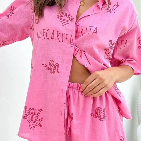 New Summer Loose Printing Casual Linen Elastic Waist Two Piece Set CODE: KAR2879