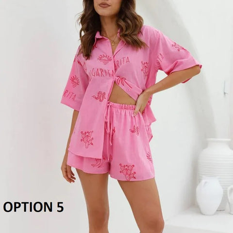 New Summer Loose Printing Casual Linen Elastic Waist Two Piece Set CODE: KAR2879