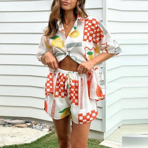 New Summer Loose Printing Casual Linen Elastic Waist Two Piece Set CODE: KAR2879