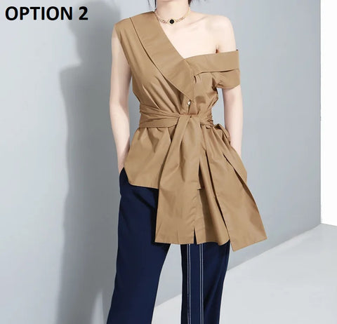 TIFICY Tie Large Bow Irregular Diagonal Shoulder Top CODE: KAR2886
